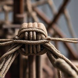 Detail van scheepsmodel tuigage met complexe knopen