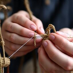 Handen die miniatuur touwen knopen voor een scheepsmodel