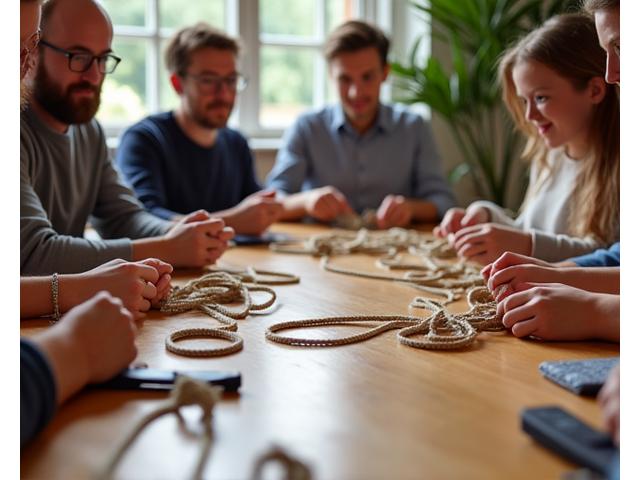 Groep mensen die knooptechnieken leren tijdens een workshop