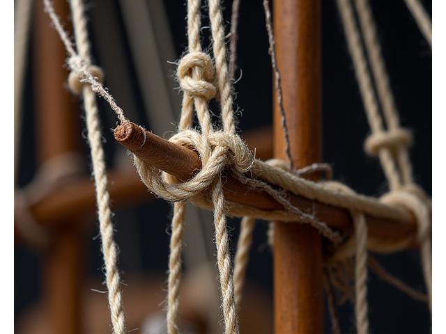 Detail van de rigging van een historisch scheepsmodel.