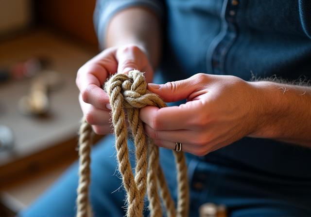 Ambachtsman aan het werk met het maken van een ingewikkelde nautische knoop