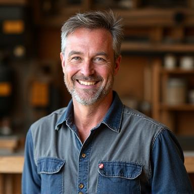 Portret van Lars de Boer, de oprichter van Nautische Knopen, in een werkplaatssetting.
