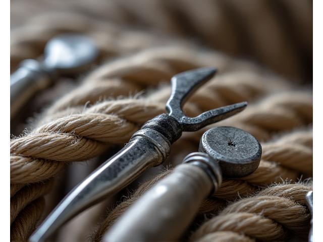 Detailopname van traditioneel knoopgereedschap en verschillende soorten kwaliteits touw, klaar voor gebruik.