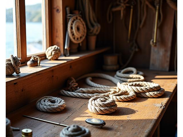 Een sfeervolle werkplaats van Nautische Knopen met traditionele gereedschappen en handgemaakte touwen, baadt in warm licht.