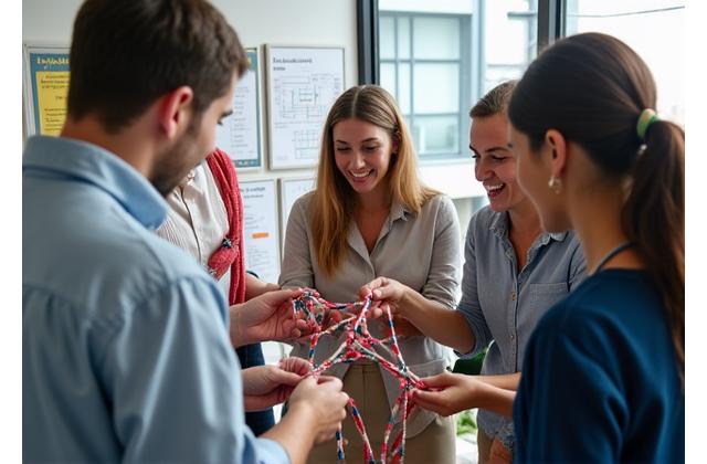 Groep mensen werkt samen aan een knoopuitdaging als teambuilding