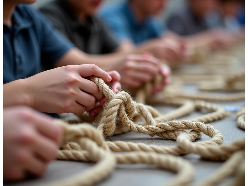 Deelnemers van de workshop geconcentreerd aan het knopenleggen